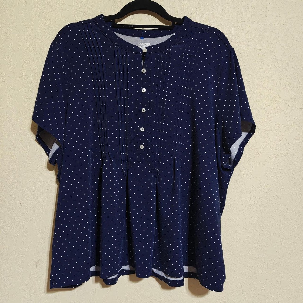 Lands End Womens 3X Navy Blue Polka Dot Pintuck Pleated Button Front Blouse
